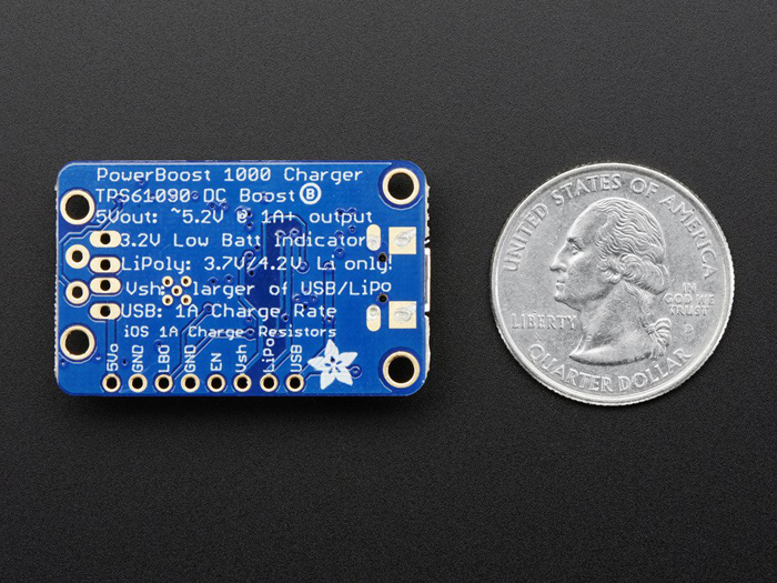 Adafruit Powerboost 1000 Basic - Charger for 3.7 V Polymer Lithium Batteries - 5 V USB - 2465