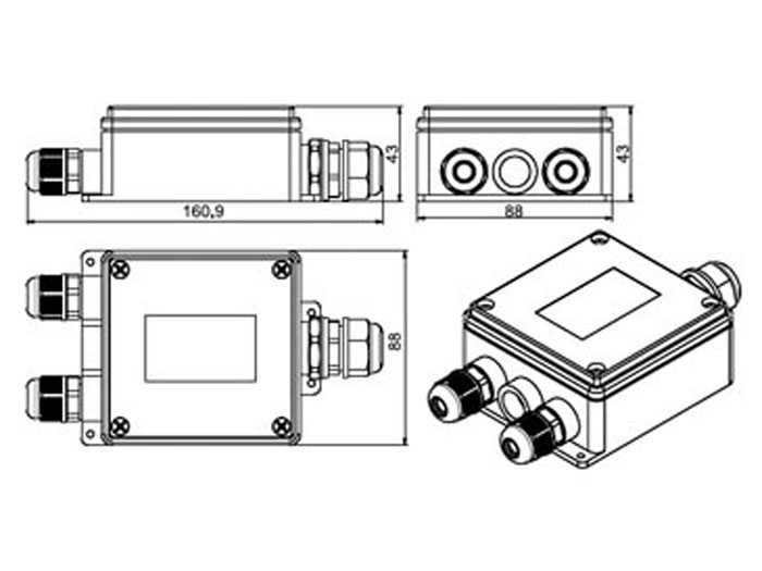Caja de Conexiónes Estanca 3 Vías - IP68 - Resistente al Agua - 161 x 88 x 88 mmm