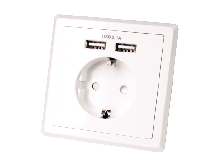 SCHUKO Double Wall Socket - Built In USB Charger - 2 USB Outputs 5 V