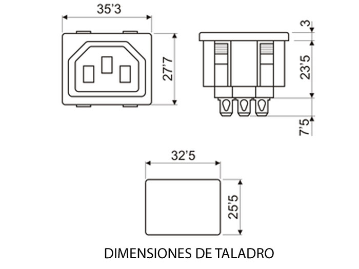 Connecteur CEI 60320 C13 Châssis Femelle à Encastrer - Faston 2,8 mm