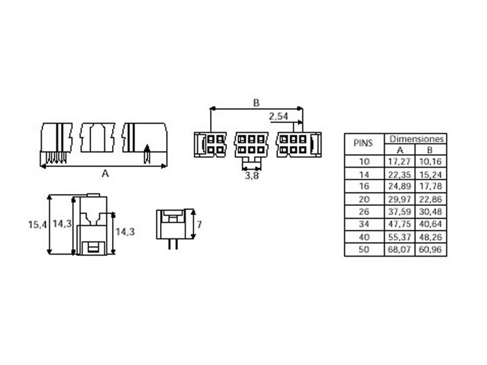 Connecteur Femelle Câble en Nappe IDC 2,54 mm - 2 Rangées - Pas 2,54 mm - 16 Contacts - CO1216