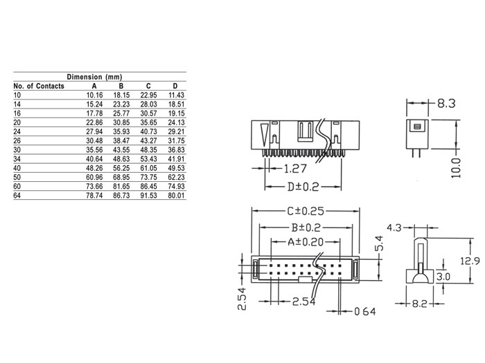 Connecteur Mâle Câble en Nappe IDC 2,54 mm - 2 Rangées - Pas 2,54 mm - 16 Contacts