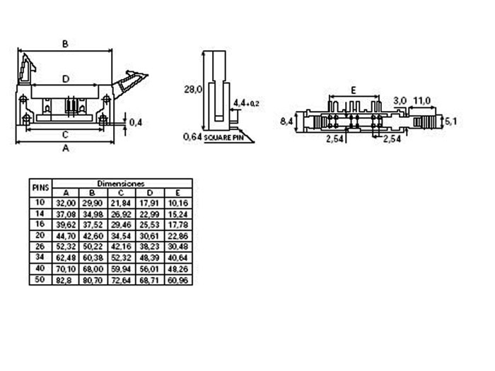 Connecteur Mâle Coudé Câble Nappe PBC - Pas 2,54 mm - 2 Rangées 40 Contacts - Extracteur Court