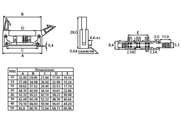 Connecteur Mâle Coudé Câble Nappe PBC - Pas 2,54 mm - 2 Rangées 14 Contacts - Extracteur Longue