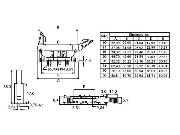 Conector Macho Recto Cinta Plana PCB 2,54 mm Extractor Corto - 2 Filas Paso 2,54 mm - 26 Contactos