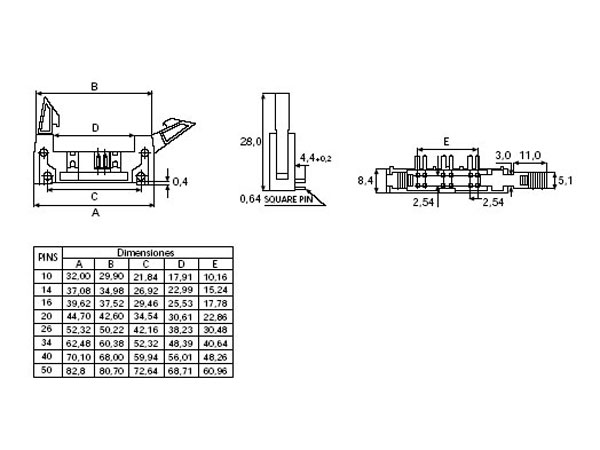 Connecteur Mâle Droit Câble Nappe PBC - Pas 2,54 mm - 2 Rangées 26 Contacts - Extracteur Longue