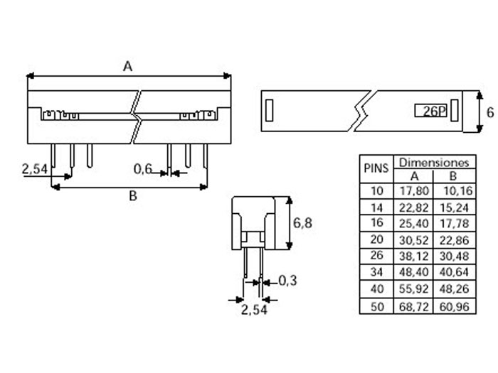 Connecteur Câble Nappe IDC DIP 2,54 mm - 2 Rangées Pas 2,54 mm - 10 Contacts