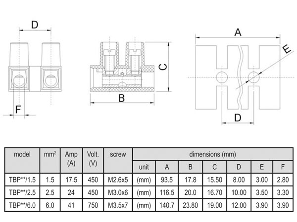 Terminal Block 3 Contacts 2.5 mm - without Screws - TB3SL