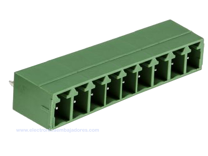Bloco Terminais Plugável Macho Reto Fechado para PCB, 9 Vias, 3.81mm, 10A, Verde