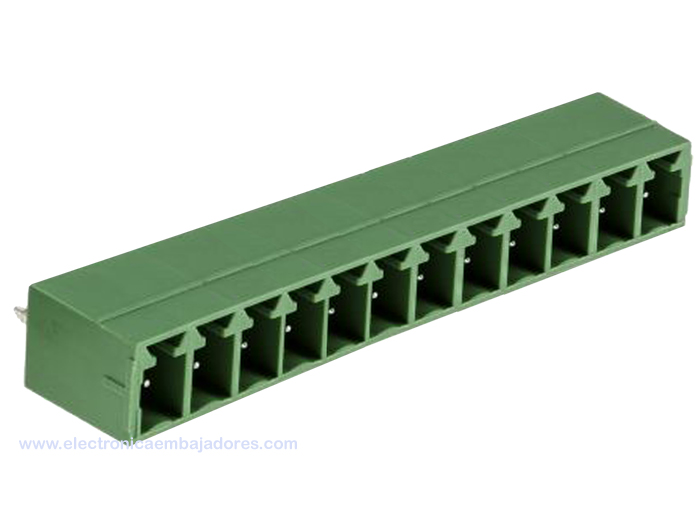 Bloco Terminais Plugável Macho Reto Fechado para PCB, 12 Vias, 3.81mm, 10A, Verde