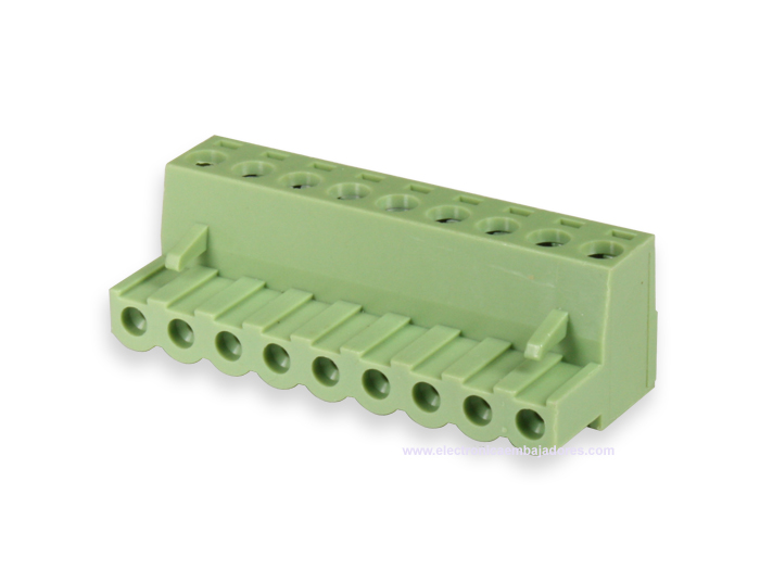 Xinya - 5.08mm Pitch 9 Contacts, 90º Female Pluggable Terminal Block, Cable Mount, 12A, Green - XY2500F-B(5.08)-9P