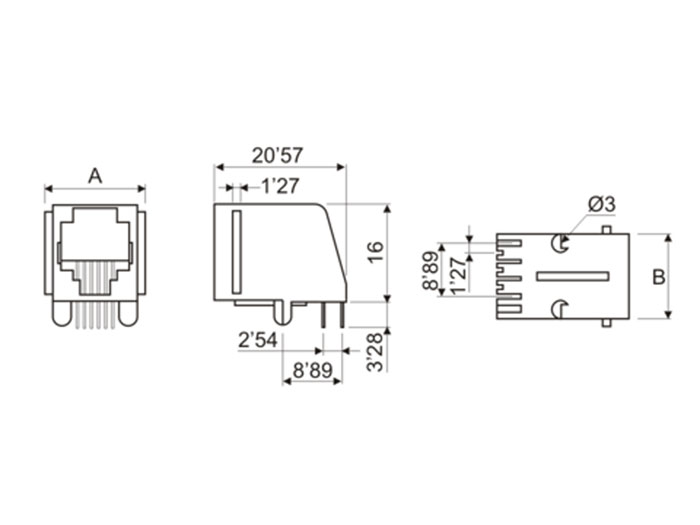 Female Printed Circuit Board Mount 4P4C - RJ10 - Horizontal