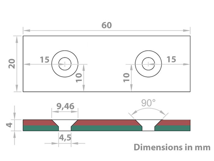 Neodymium Magnet - 60 x 20 x 4 mm - N45 - with Holes for Screws