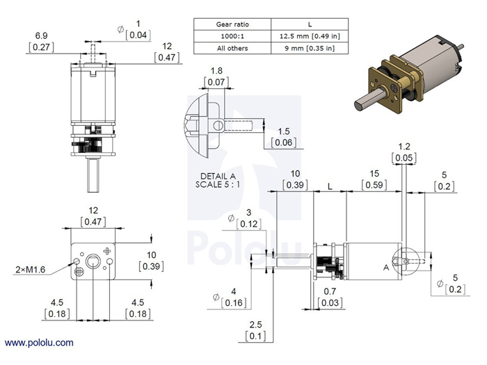 Pololu - Micro-Moteur Réduction à Engrenages Métalliques 6 V 1000:1 avec Axe Long - 2373