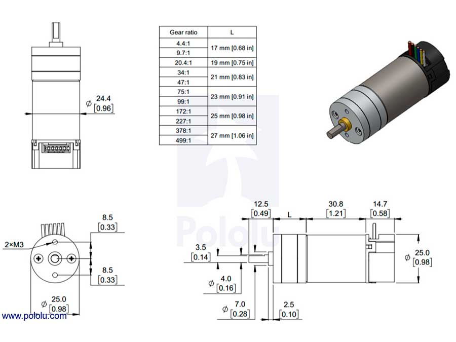 Pololu 25Dx67L mm MP 12V with 48 CPR Encoder - Moteur 25 x 52 mm 12 Vcc - 220 rpm - Encodeur 48 CPR - 34:1 - 4864