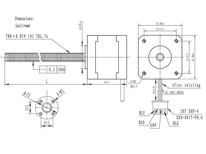 Nema 17 - Stepper Motor with Screw 380 mm 2.8 Vdc - 1.6 A - Angle