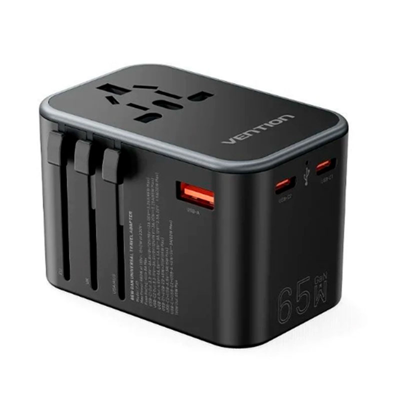 VENTION FJDB0 - Adaptateur de Voyage Universel GaN 65W avec 2 USB-C et USB-A Charge Rapide