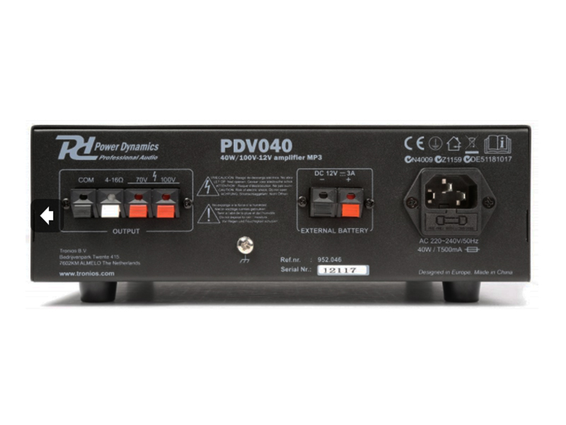 Power Dynamics PDV040 - Amplificador Megafonia MP3 - 40W - 100V - 12V