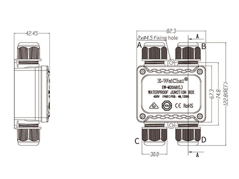 Water-Proof Connection Box - 4 Channels - IP68 Water Resistant - 123 x 82 x 43 mm