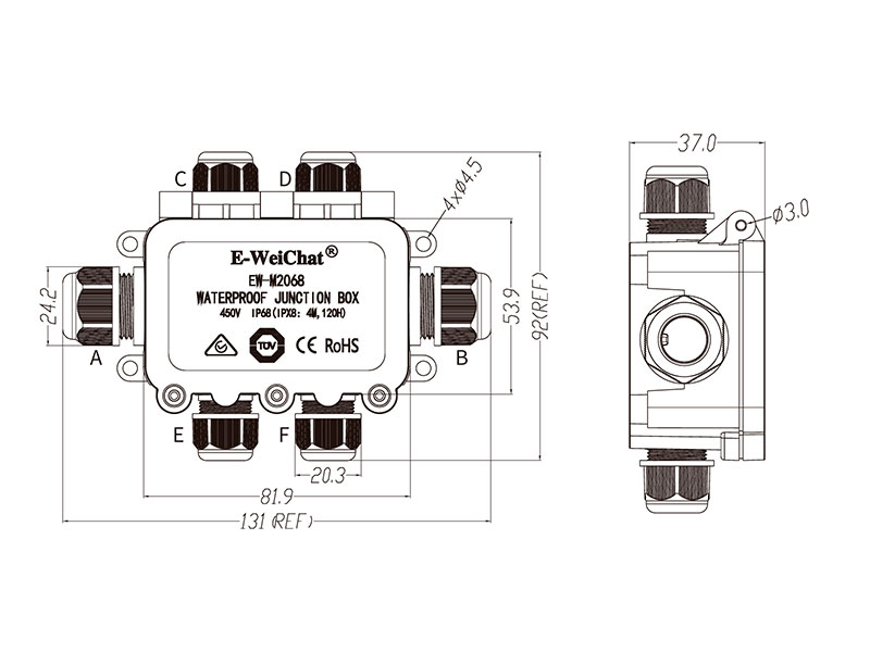 Water-Proof Connection Box - 6 Channels - IP68 Water Resistant - 123 x 92 x 37 mm