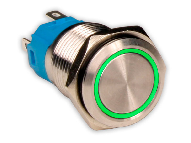 SWITCHTRONIX Serie 19 - Vandal-proof Latching Push Button Panel - IP66 - Ø19 mm - 1NO+1NC - LED Green 12V