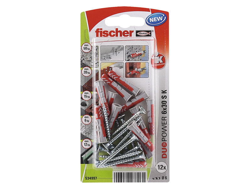 Fischer DuoPower 6 x 30 S K NV - Taco para pared de Nylon, orificio de fijación diámetro 6 mm, longitud 30 mm - Caja de 12 unidades  - 534997