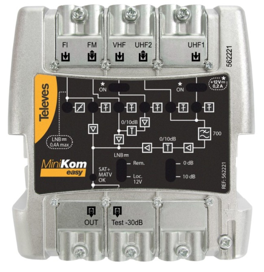 Televes MiniKom EasyF - 5-Input Broadband Amplifier: FM-VHF-UHF-UHF-IF - 562221