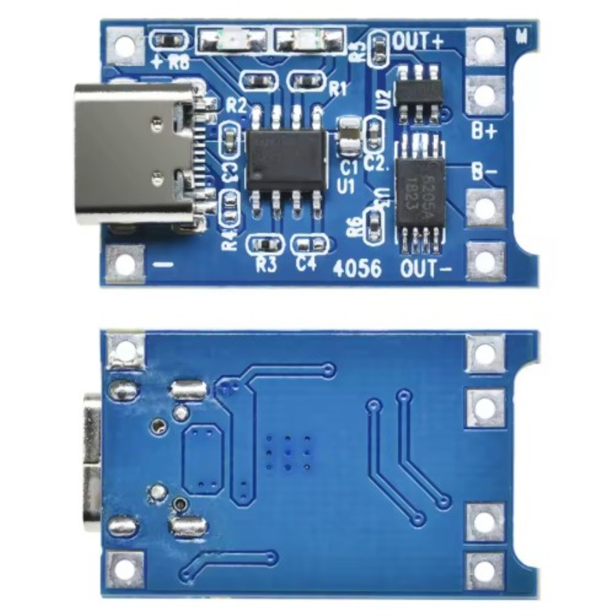 Módulo de proteção e carregamento BMS TP4056 para 1 bateria 18650 via USB-C - 5V - 1A