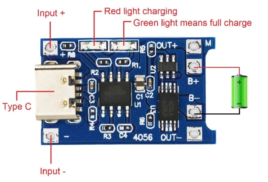 Módulo de proteção e carregamento BMS TP4056 para 1 bateria 18650 via USB-C - 5V - 1A