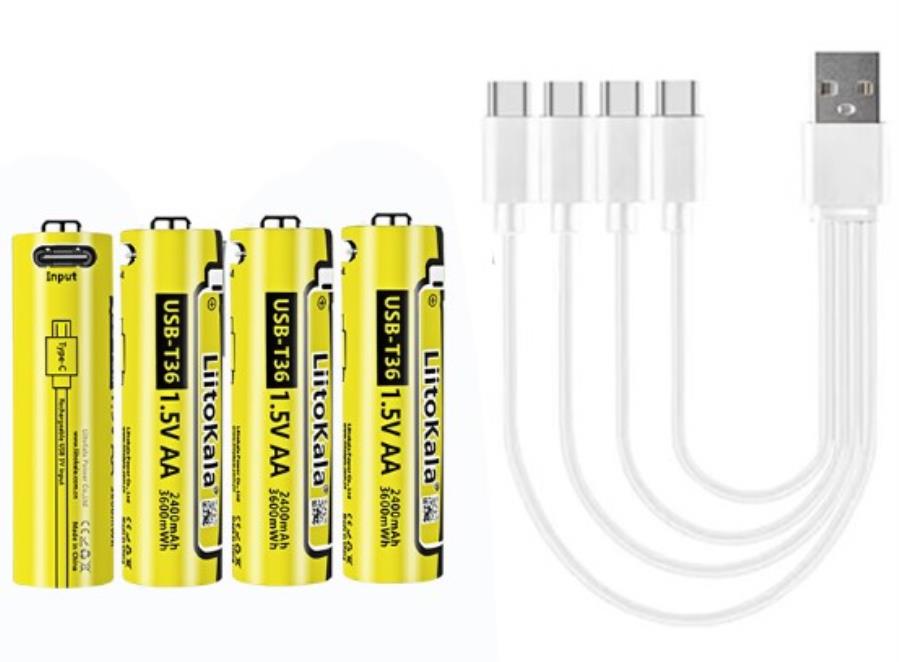 LiitoKala USB-T36x4+Cable - Batería de Ion de Litio 1,5 V - 2400 mA - Formato AA y conector de carga USB-C - 4 Unidades + Cable