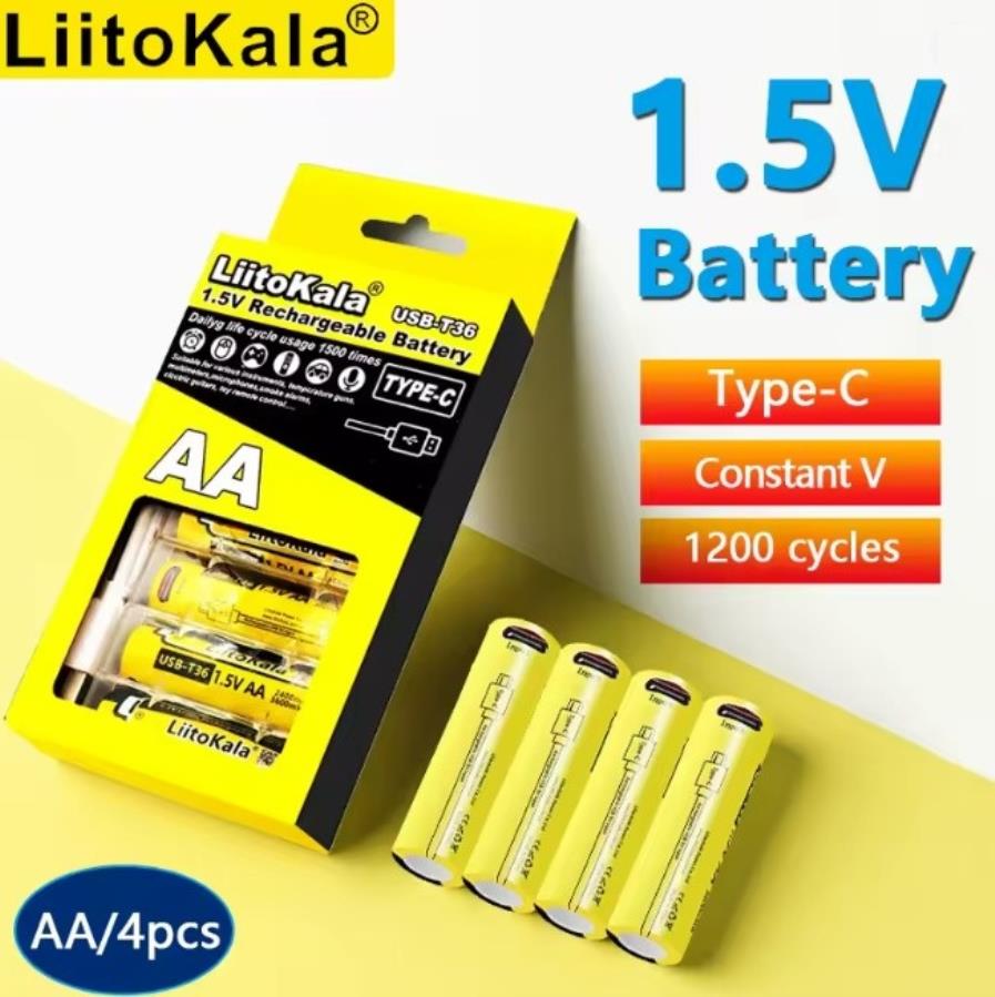 LiitoKala USB-T36x4+Cable - Batterie lithium-ion 1,5 V - 2 400 mA - Format AA et connecteur de charge USB-C - 4 unités + câble