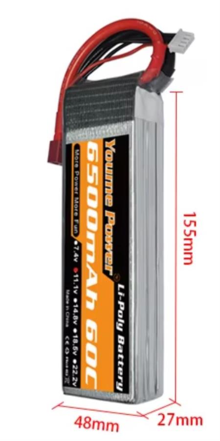 Batterie Lithium Polymère 14,8 V - 6500 mA - 60C avec connecteur T-Dean et connecteur JST 4 broches - 2LP603450