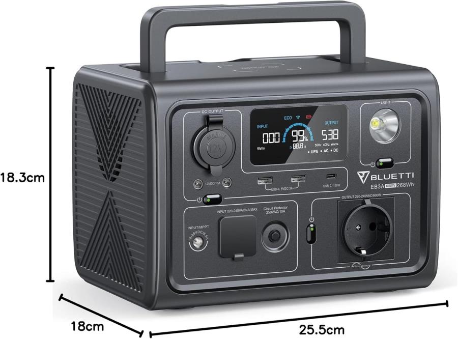 Bluetti EB3A - Estación de energía portátil a baterías LiFeP04 - 600 W - 268 Wh de carga rápida