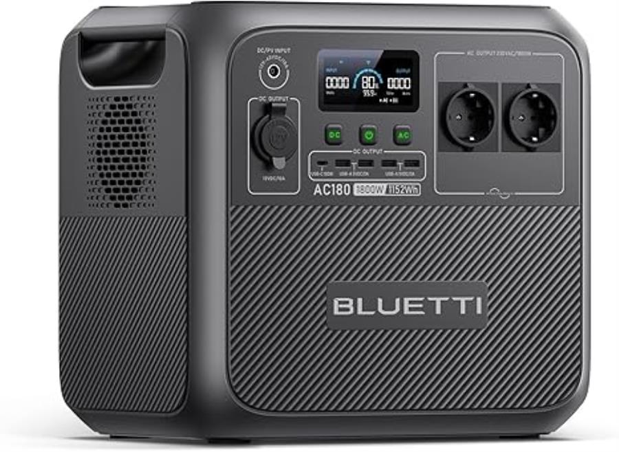 Bluetti AC180 - Estação de energia portátil com baterias LiFeP04 - 1800 W - 1152 Wh de carregamento rápido