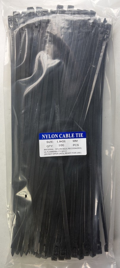 Brida reutilizable de 300 x 4,8 mm - Color: Negro - 100 Unidades