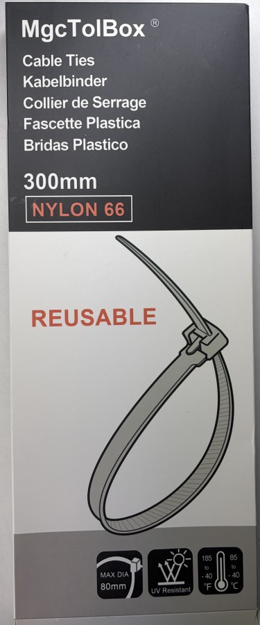 Brida reutilizable de 300 x 4,8 mm - Color: Negro - 100 Unidades