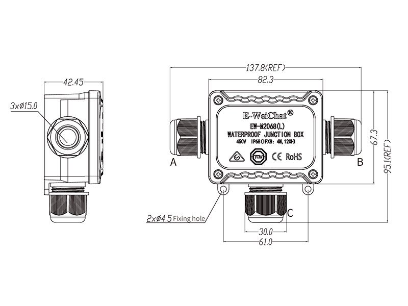 Water-Proof Connection Box - 3 Channels - IP68 Water Resistant - 138 x 95 x 43 mm