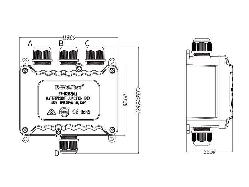 Water-Proof Connection Box - 4 Channels - IP68 Water Resistant - 119 x 129 x 56 mm