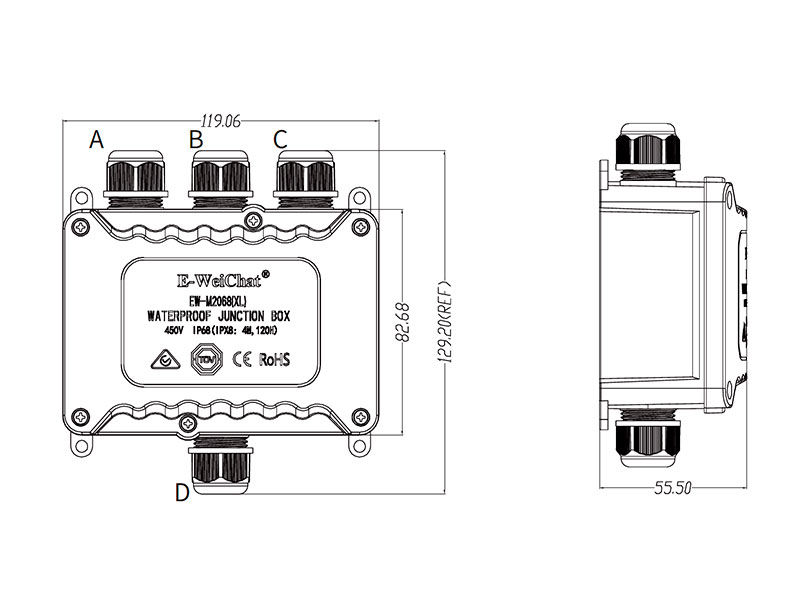 Caja de Conexiónes Estanca 4 Vías - IP68 - Resistente al Agua - 119 x 129 x 56 mm