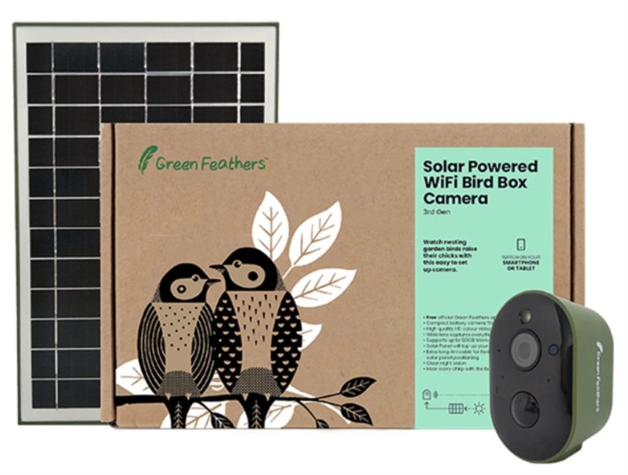 Green Feathers E0023128 + E0022044 - Cámara WiFi HD con panel solar para nidos de pájaros y hábitats vida silvestre + cable extensor 20 m