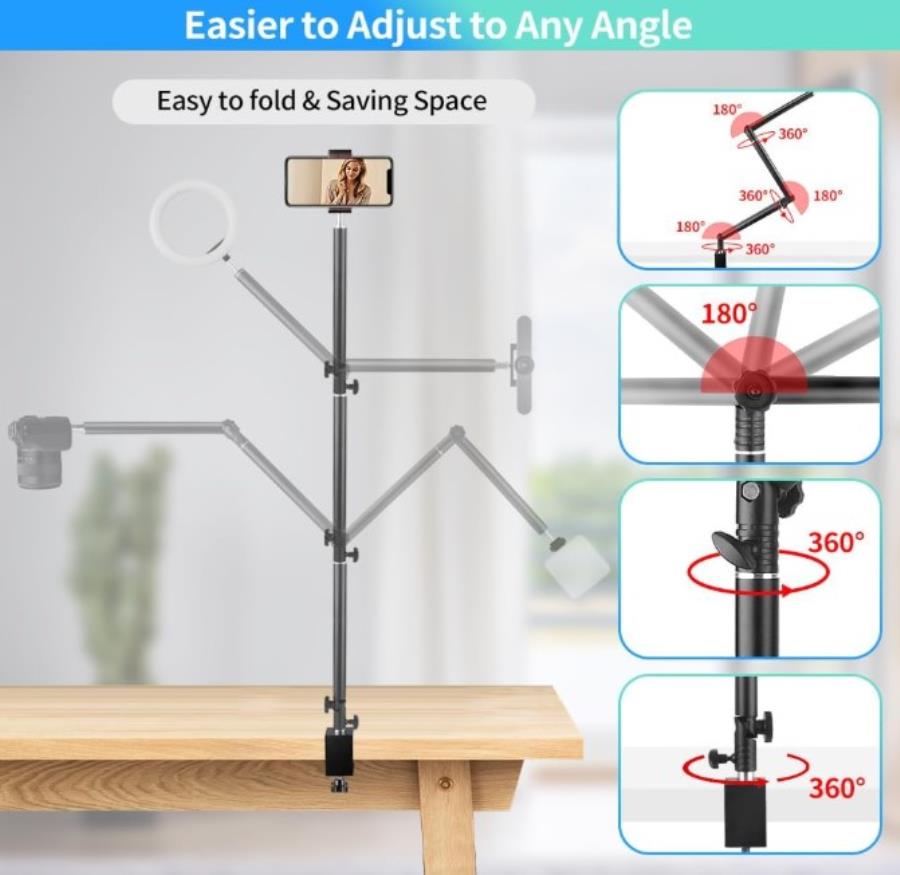 Trípode articulado y ajustable de 37,5 a 104 mm para fijación en mesa y cabezal de ¼”