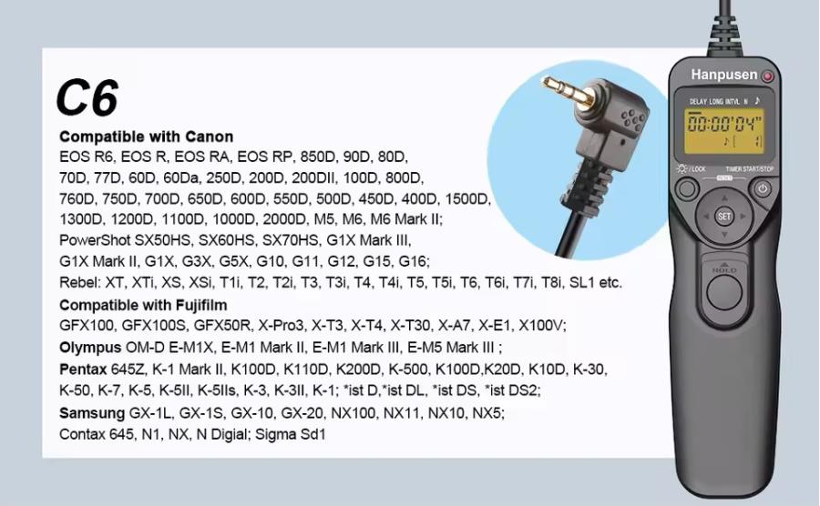 Hanpusen TR90 C6 - Minuterie d&aposobturation de l&aposappareil photo - version connecteur Canon