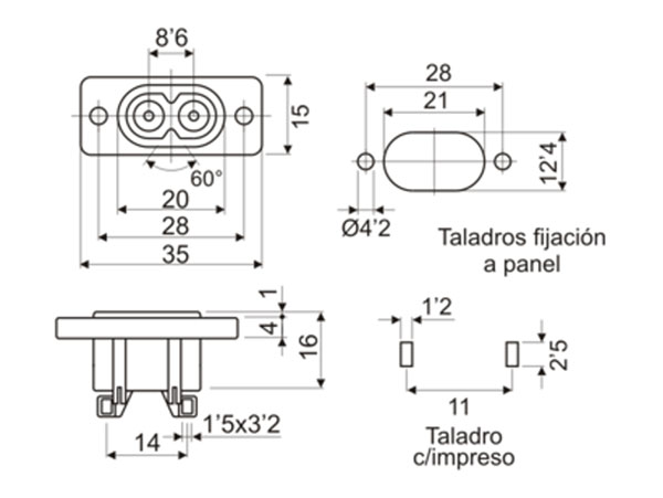 Connecteur CEI 60320 C8 Panneau Mâle