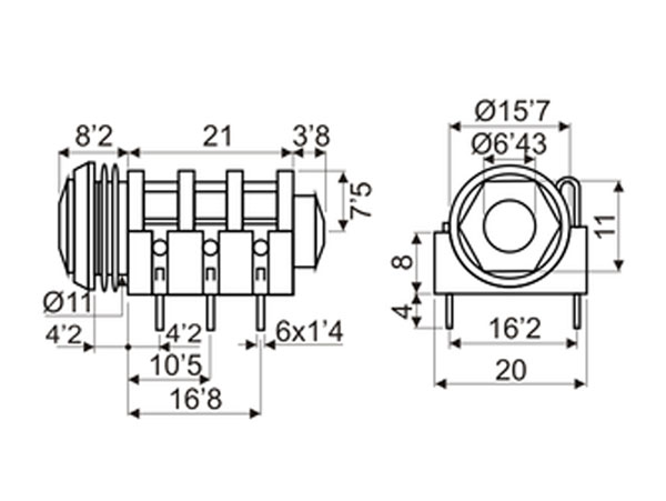 Connecteur Jack 6,3 mm Femelle Panneau Circuit Imprimé et-ou paneau 3 Pôles - 15.452