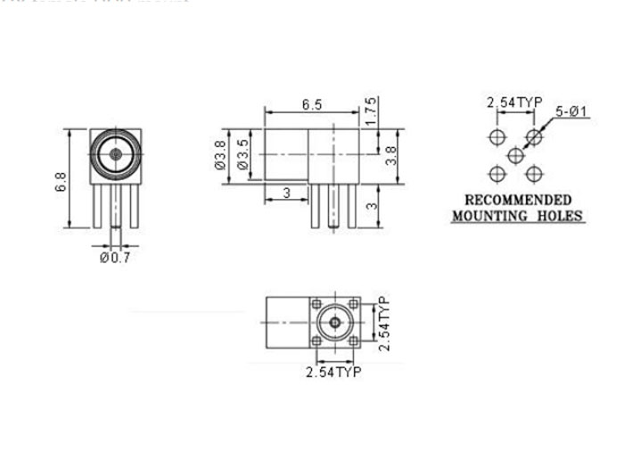 Conetor MMCX Base Fêmea Cotovelo Circuito Impresso - MMCX-11