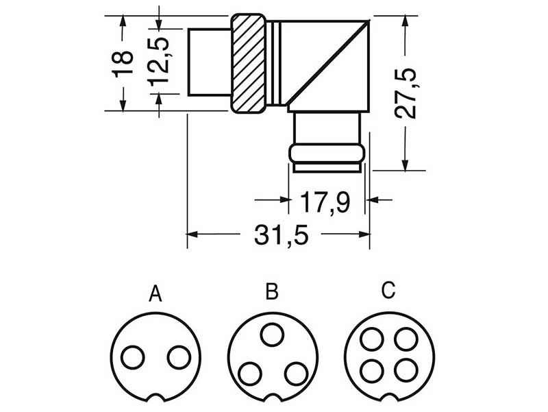 Conector Microfónico GX16 Aéreo Hembra Acodado 2 Polos