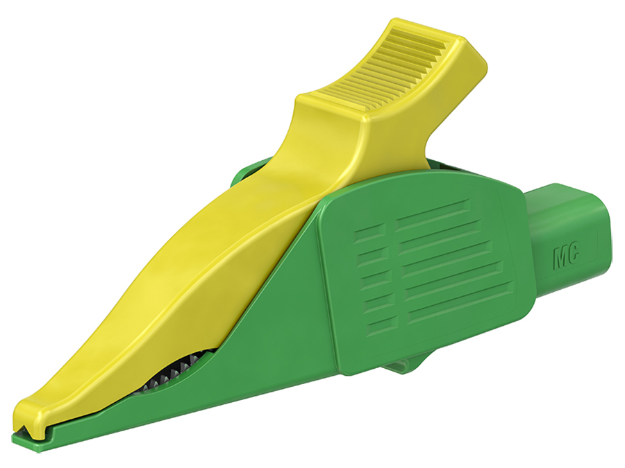 Stäubli XDK-1033 - Pinza Cocodrilo Enchufable para Banana Ø4 mm 32A - Amarillo / Verde - 66.9575-20