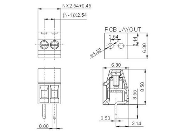 Bloco Terminais com Parafusos para PCB Passo 2,54 mm 2 Pinos - DB308-2,54-02P-14-H