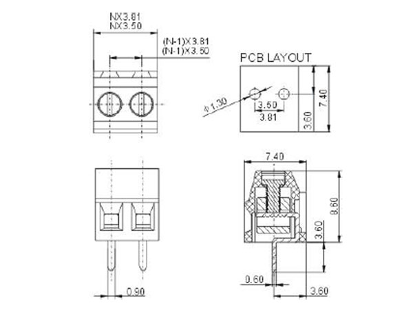 Regleta Clema PCB Paso 3,81 mm 2 Contactos - DG381-3.81-2P