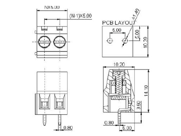 Regleta Clema PCB 14 mm Paso 5,0 mm 2 Contactos - DG128-5.0-02P-14-00